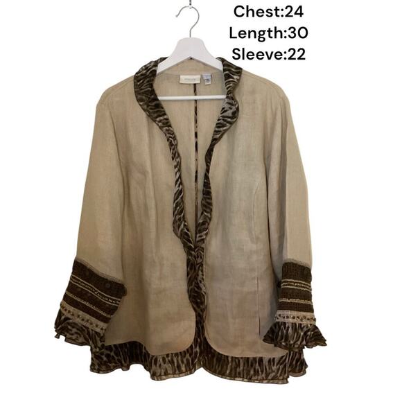 Chico's Women's 100% Linen Blazer with Animal Print Embellishments women’s XL - Picture 5 of 6
